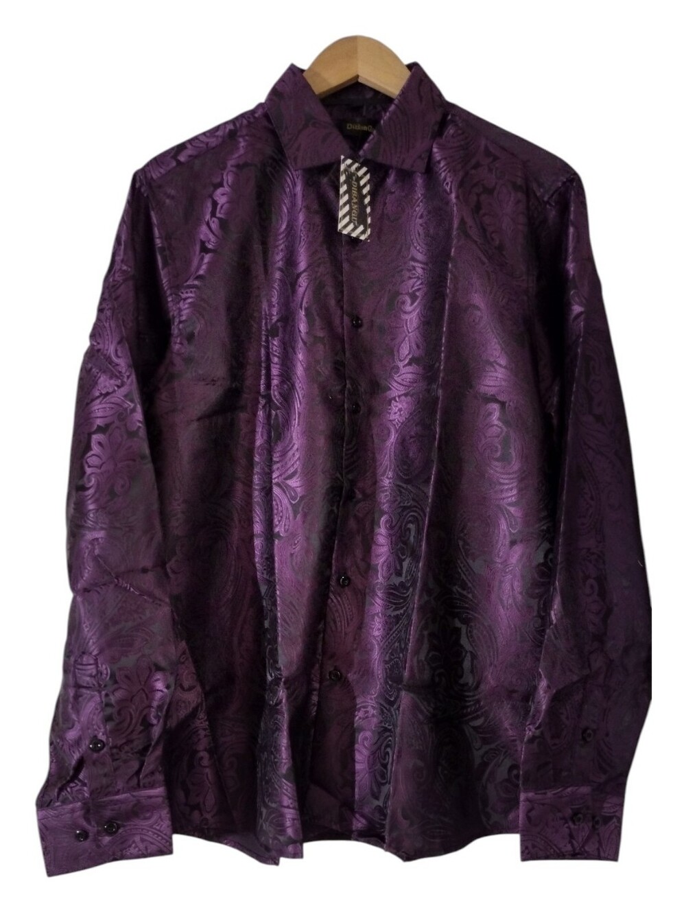 Purple Paisley Satin Dress Shirt with collar Pin